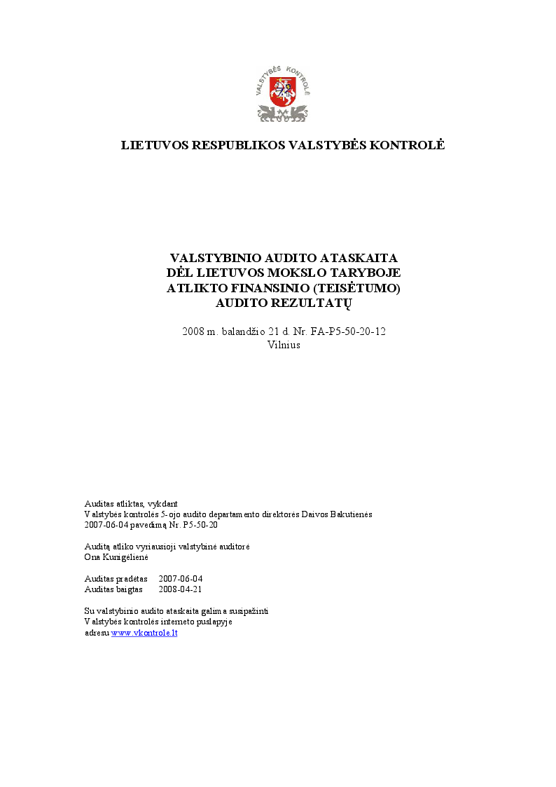 Dėl Lietuvos mokslo taryboje atlikto finansinio (teisėtumo) audito rezultatų