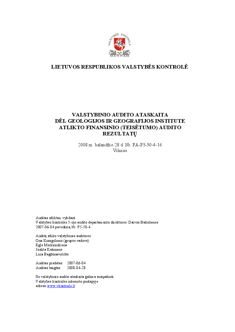 Dėl Geologijos ir geografijos institute atlikto finansinio (teisėtumo) audito rezultatų
