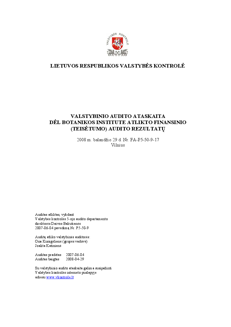 Dėl Botanikos institute atlikto finansinio (teisėtumo) audito rezultatų