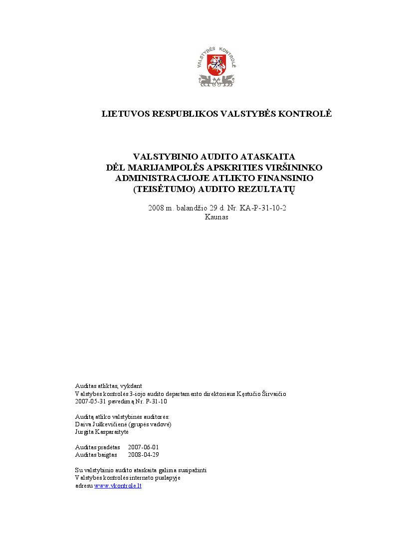 Dėl Marijampolės apskrities viršininko administracijoje atlikto finansinio (teisėtumo) audito rezultatų