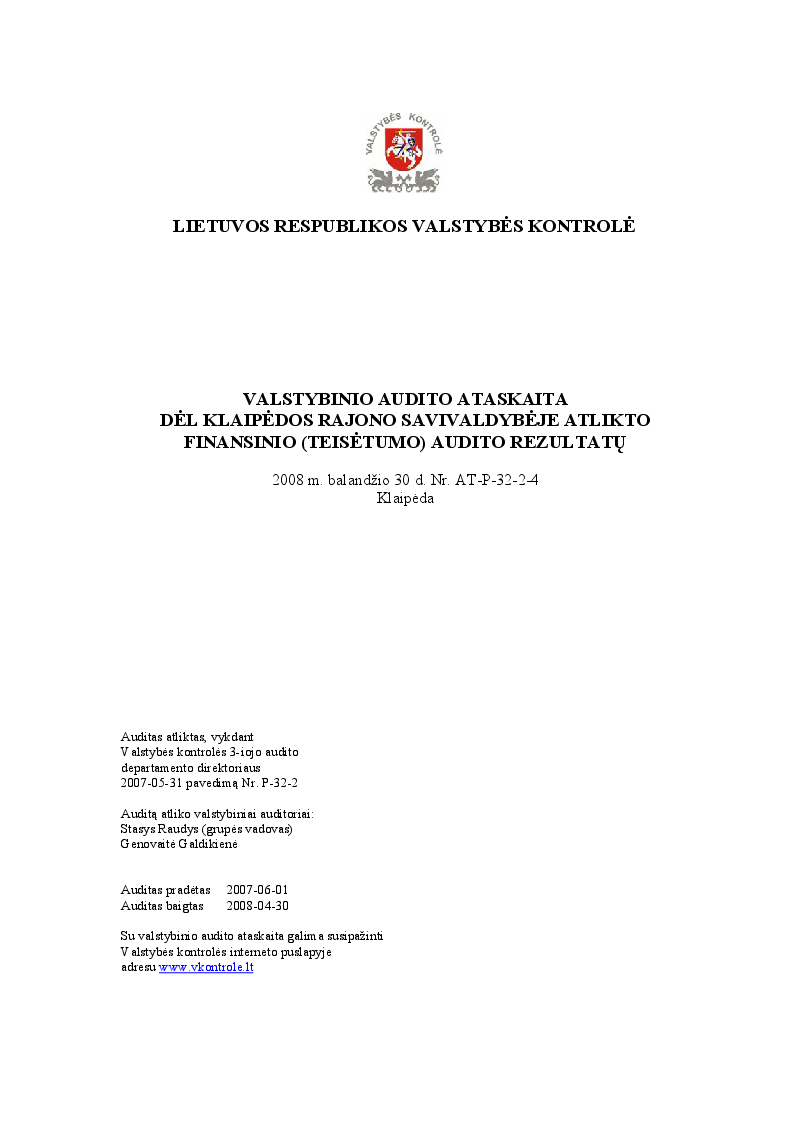 Dėl Klaipėdos rajono savivaldybėje atlikto finansinio (teisėtumo) audito rezultatų