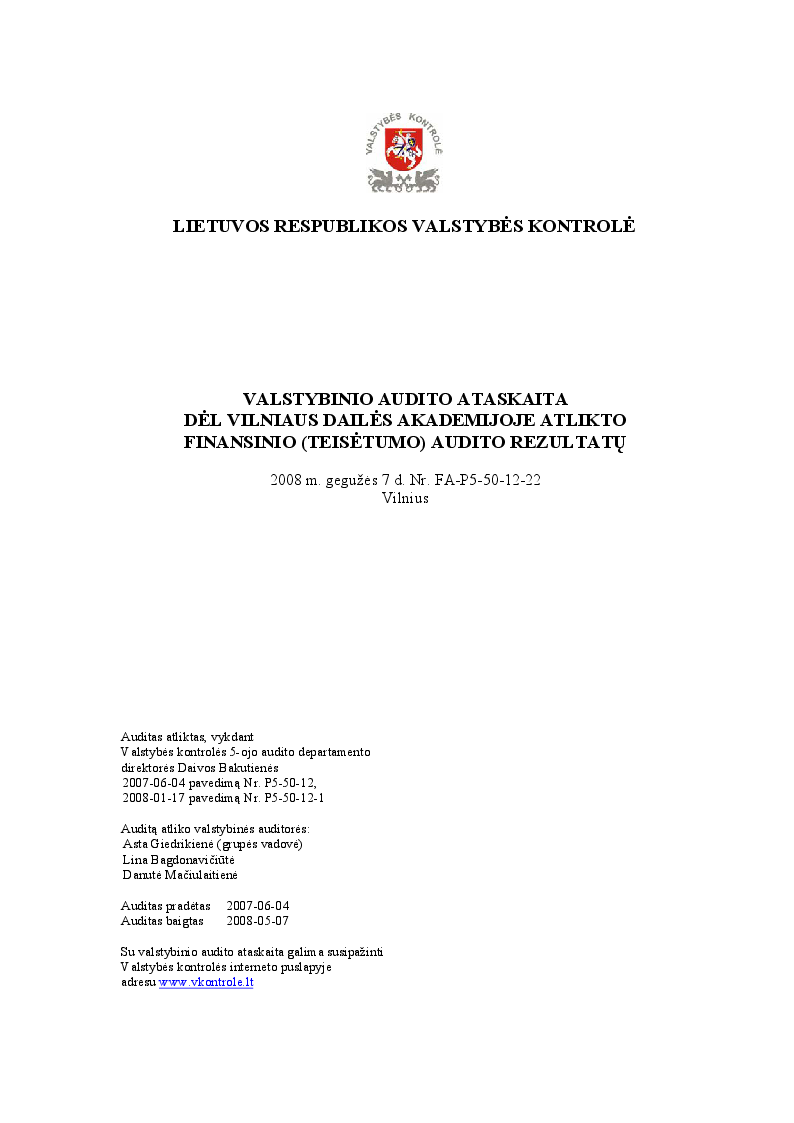 Dėl Vilniaus dailės akademijoje atlikto finansinio (teisėtumo) audito rezultatų