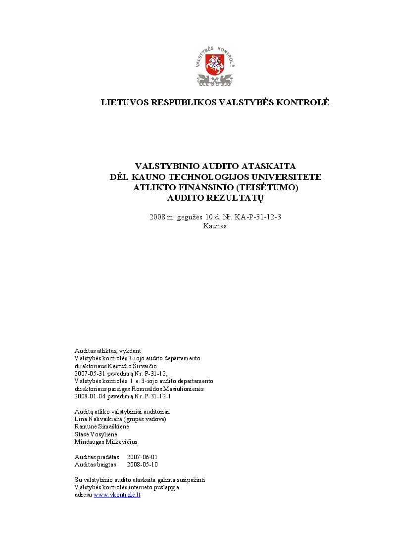 Dėl Kauno technologijos universitete atlikto finansinio (teisėtumo) audito rezultatų
