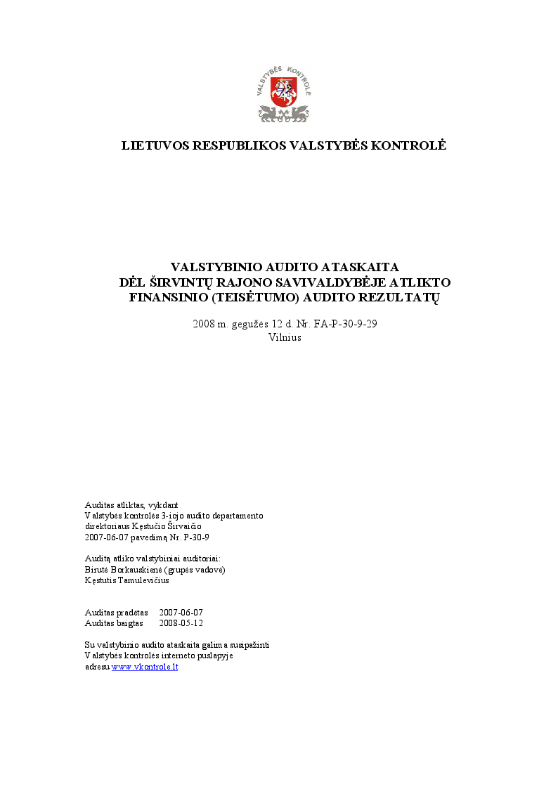 Dėl Širvintų rajono savivaldybėje atlikto finansinio (teisėtumo) audito rezultatų