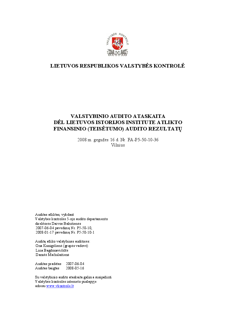 Dėl Lietuvos istorijos institute atlikto finansinio (teisėtumo) audito rezultatų