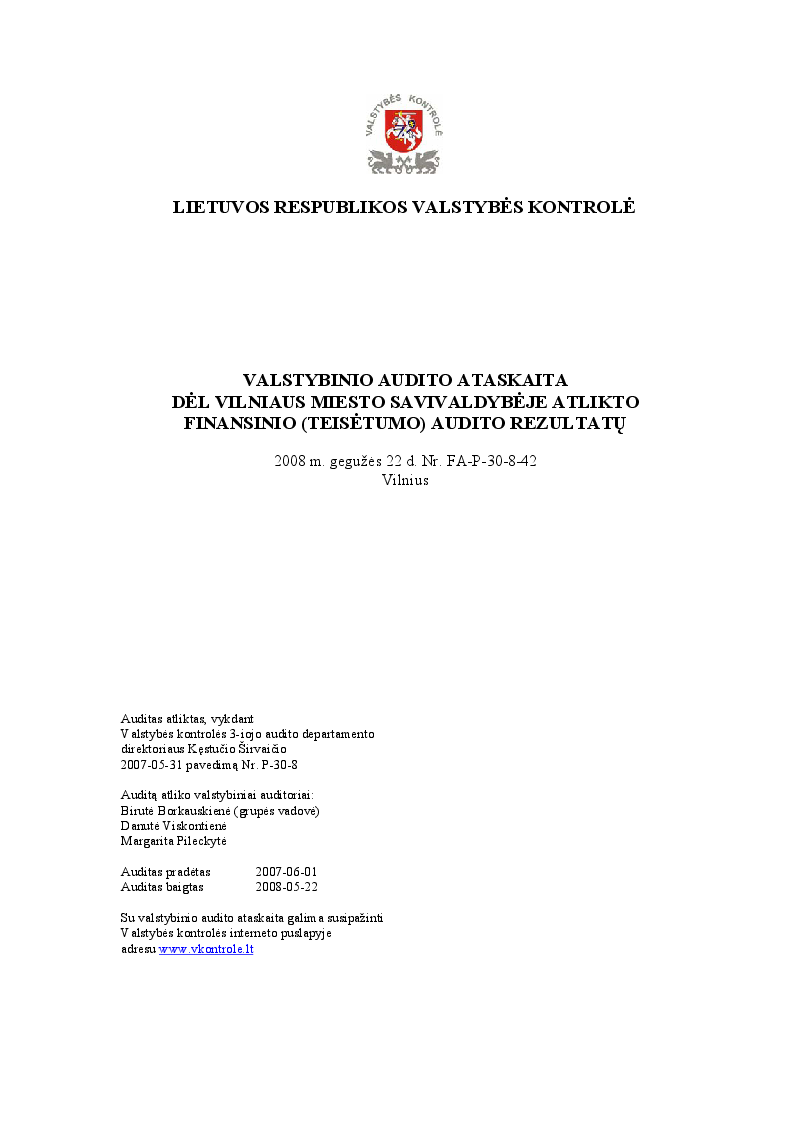 Dėl Vilniaus miesto savivaldybėje atlikto finansinio (teisėtumo) audito rezultatų