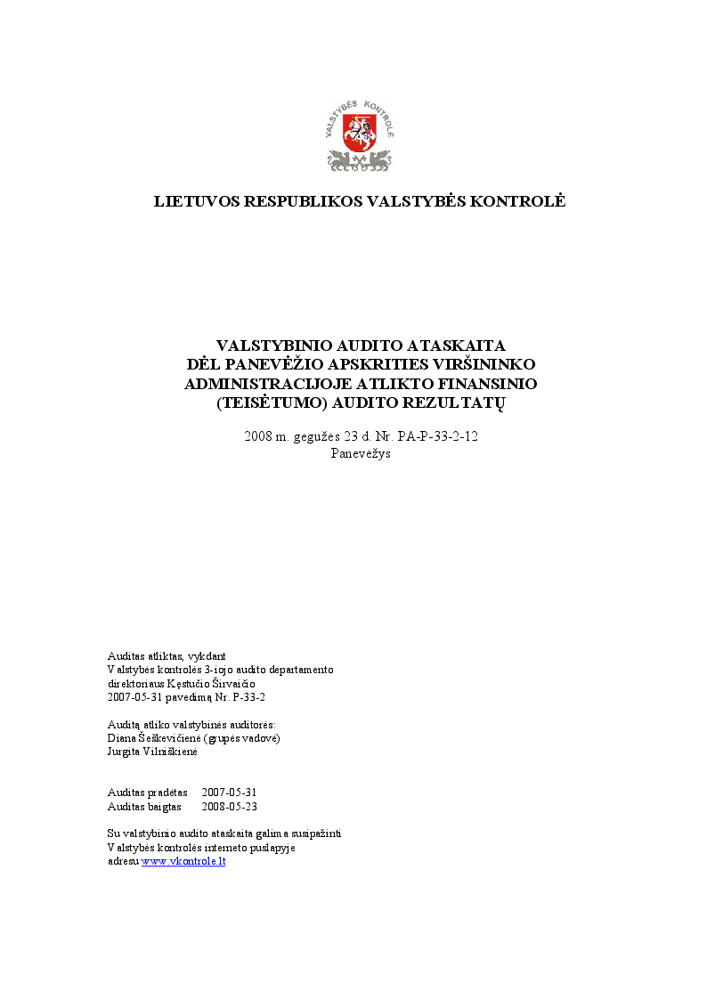 Dėl Panevėžio apskrities viršininko administracijoje atlikto finansinio (teisėtumo) audito rezultatų