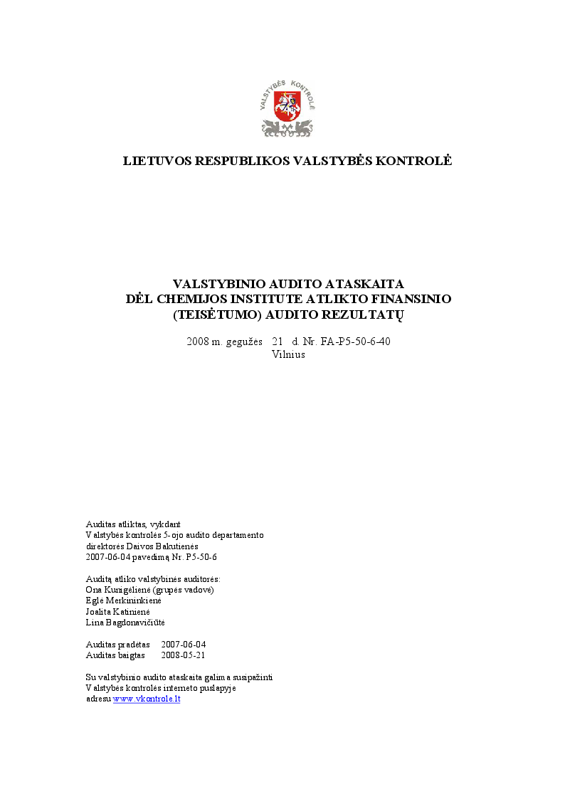 Dėl Chemijos institute atlikto finansinio (teisėtumo) audito rezultatų