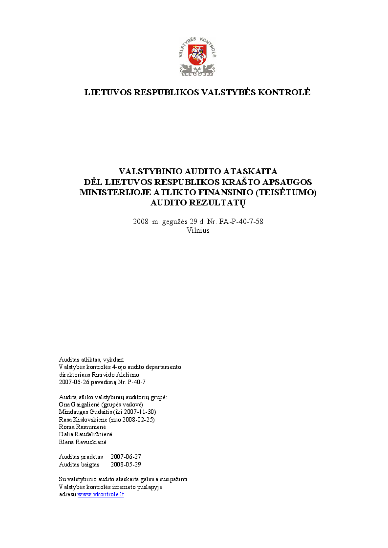 Dėl Lietuvos Respublikos krašto apsaugos ministerijoje atlikto finansinio (teisėtumo) audito rezultatų