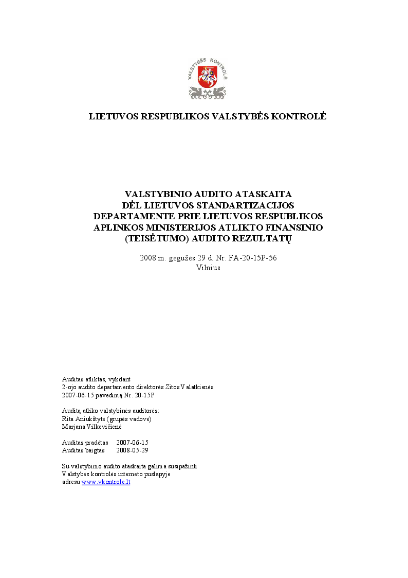 Dėl Lietuvos standartizacijos departamente prie Lietuvos Respublikos aplinkos ministerijos atlikto  finansinio (teisėtumo) audito rezultatų