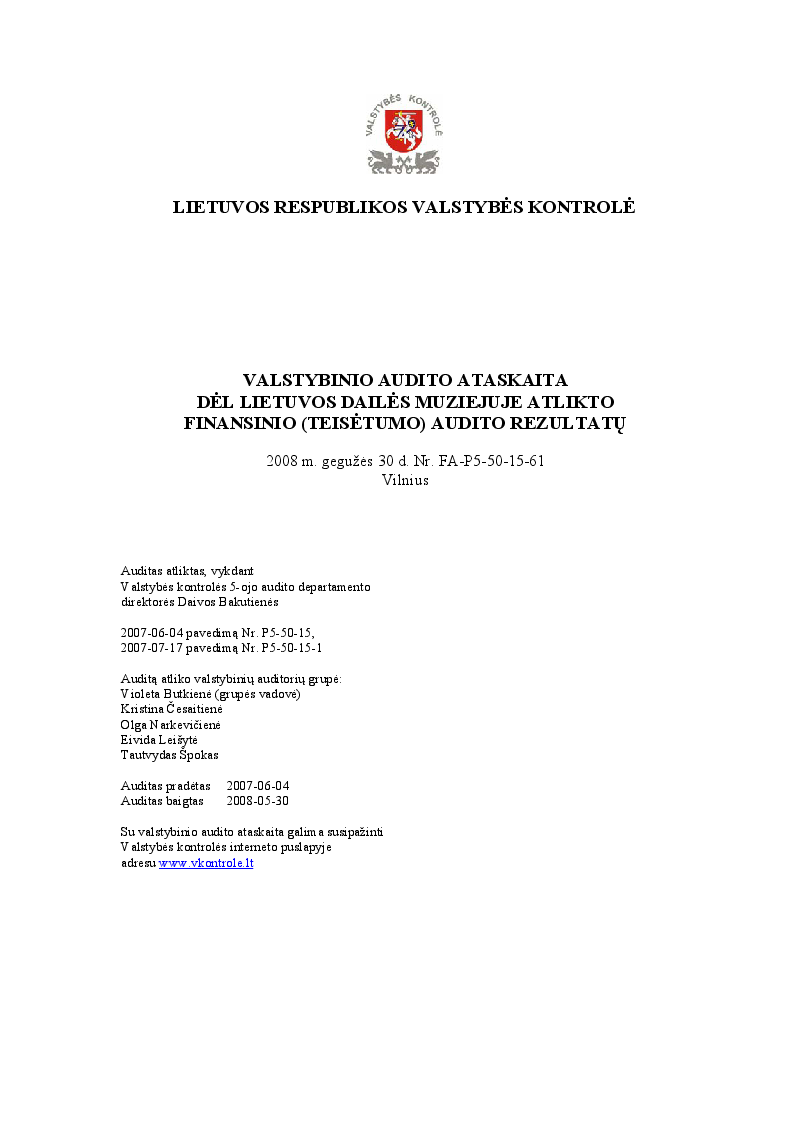 Dėl Lietuvos dailės muziejuje atlikto finansinio (teisėtumo) audito rezultatų