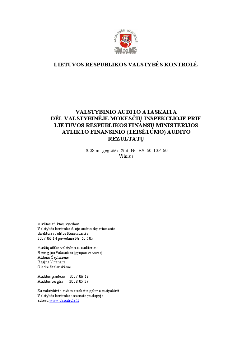 Dėl Valstybinėje mokesčių inspekcijoje prie Lietuvos Respublikos finansų ministerijos atlikto finansinio (teisėtumo) audito rezultatų