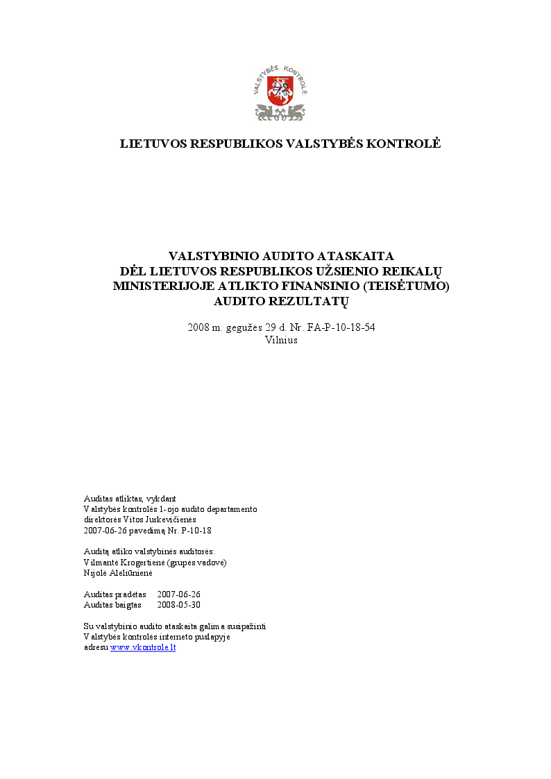 Dėl Lietuvos Respublikos užsienio reikalų ministerijoje atlikto finansinio (teisėtumo) audito rezultatų