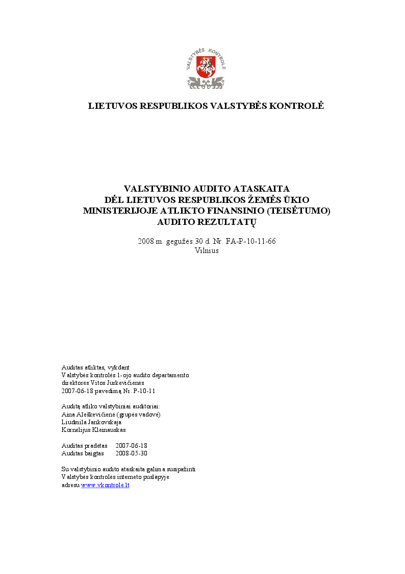 Dėl Lietuvos Respublikos žemės ūkio ministerijoje atlikto finansinio (teisėtumo) audito rezultatų