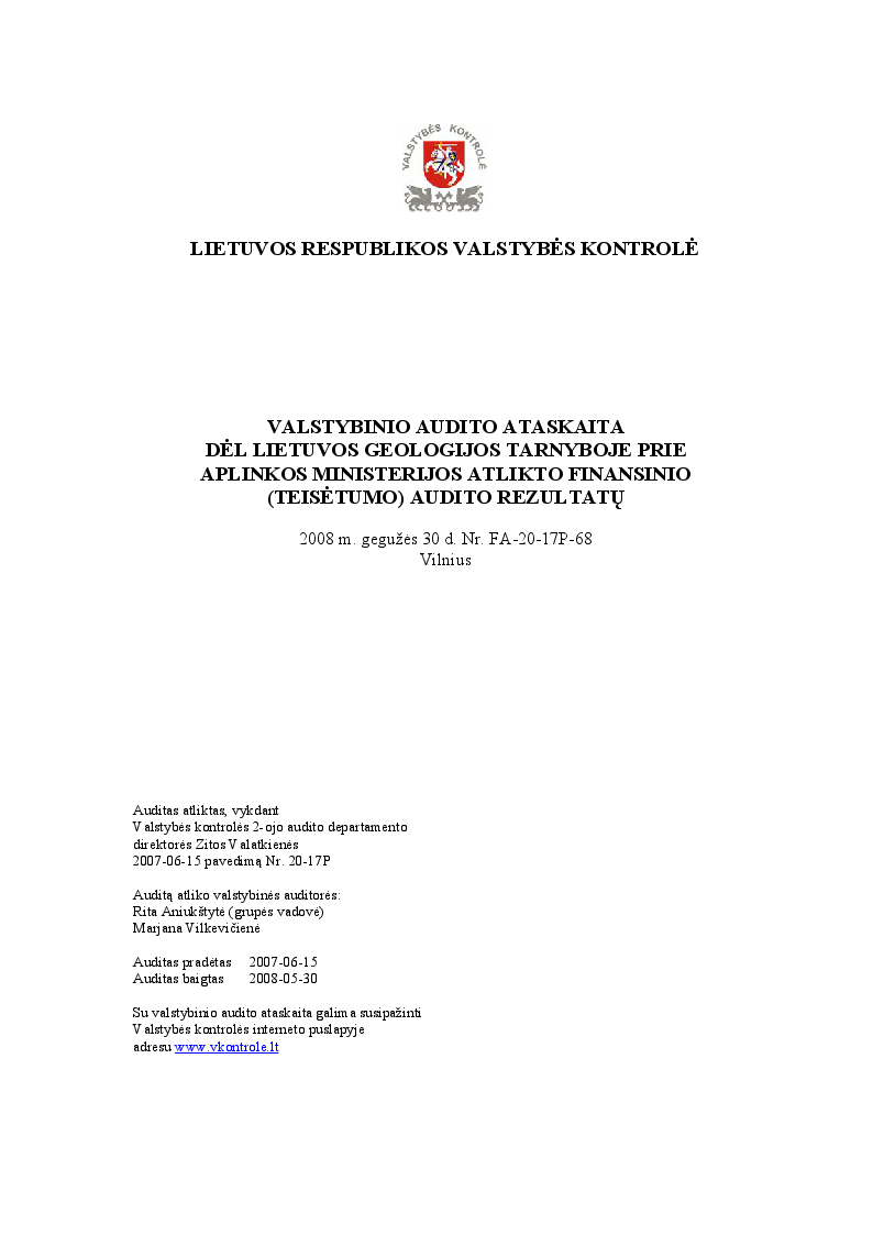 Dėl Lietuvos geologijos tarnyboje prie Aplinkos ministerijos atlikto finansinio (teisėtumo) audito rezultatų