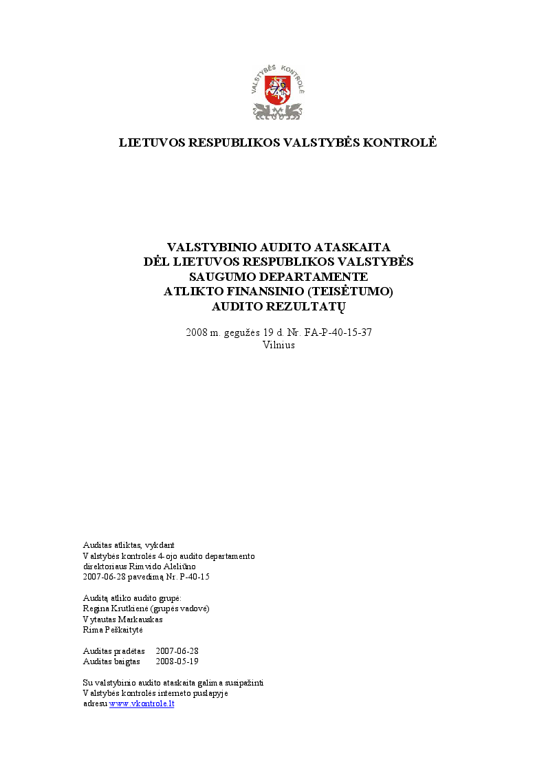 Dėl Lietuvos Respublikos valstybės saugumo departamente atlikto finansinio (teisėtumo) audito rezultatų