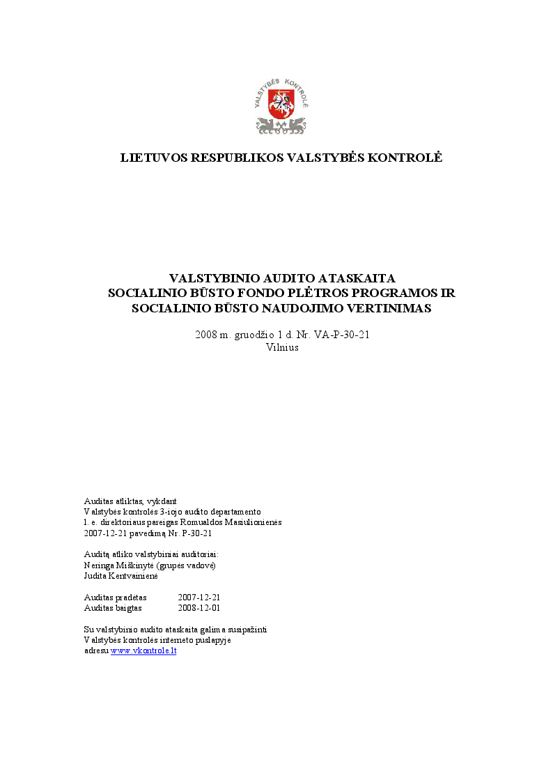 Socialinio būsto fondo plėtros programos ir socialinio būsto naudojimo vertinimas