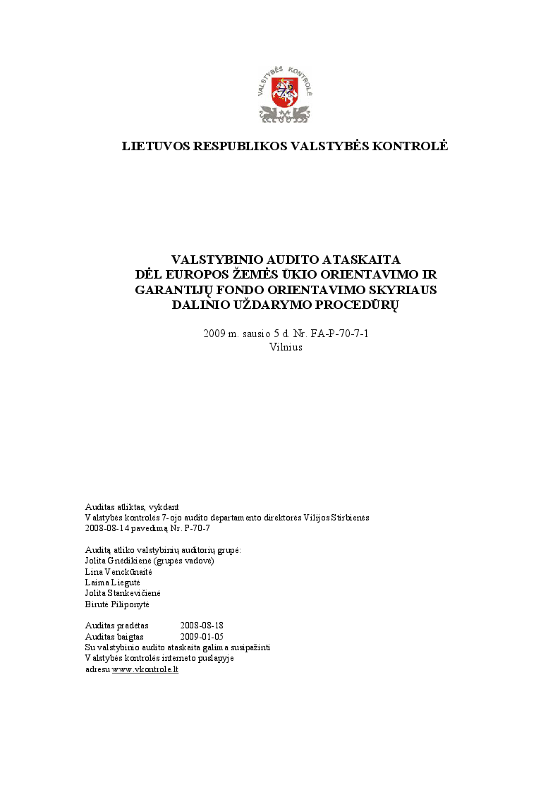 Dėl Europos žemės ūkio orientavimo ir garantijų fondo Orientavimo skyriaus dalinio uždarymo procedūrų