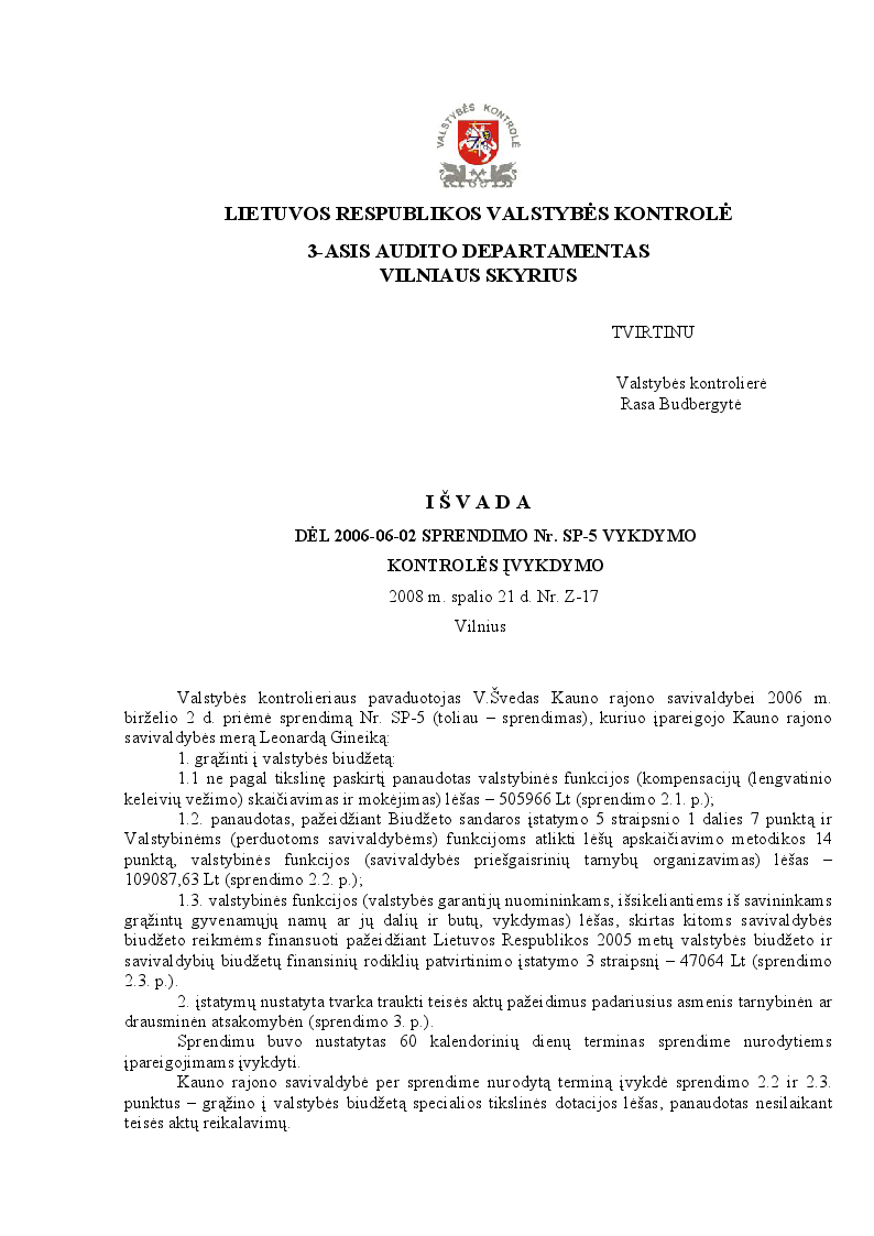 Išvada Dėl 2006-06-02 sprendimo Nr. SP-5 vykdymo kontrolės įvykdymo