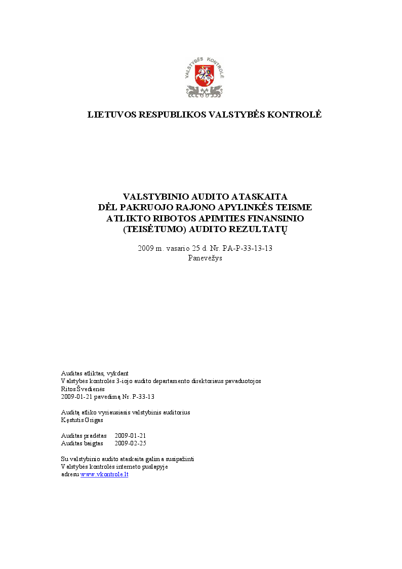 Dėl Pakruojo rajono apylinkės teisme atlikto ribotos apimties finansinio (teisėtumo) audito rezultatų