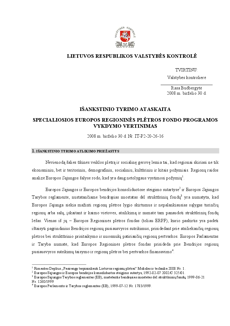 Specialiosios Europos regioninės plėtros fondo programos vykdymo vertinimas