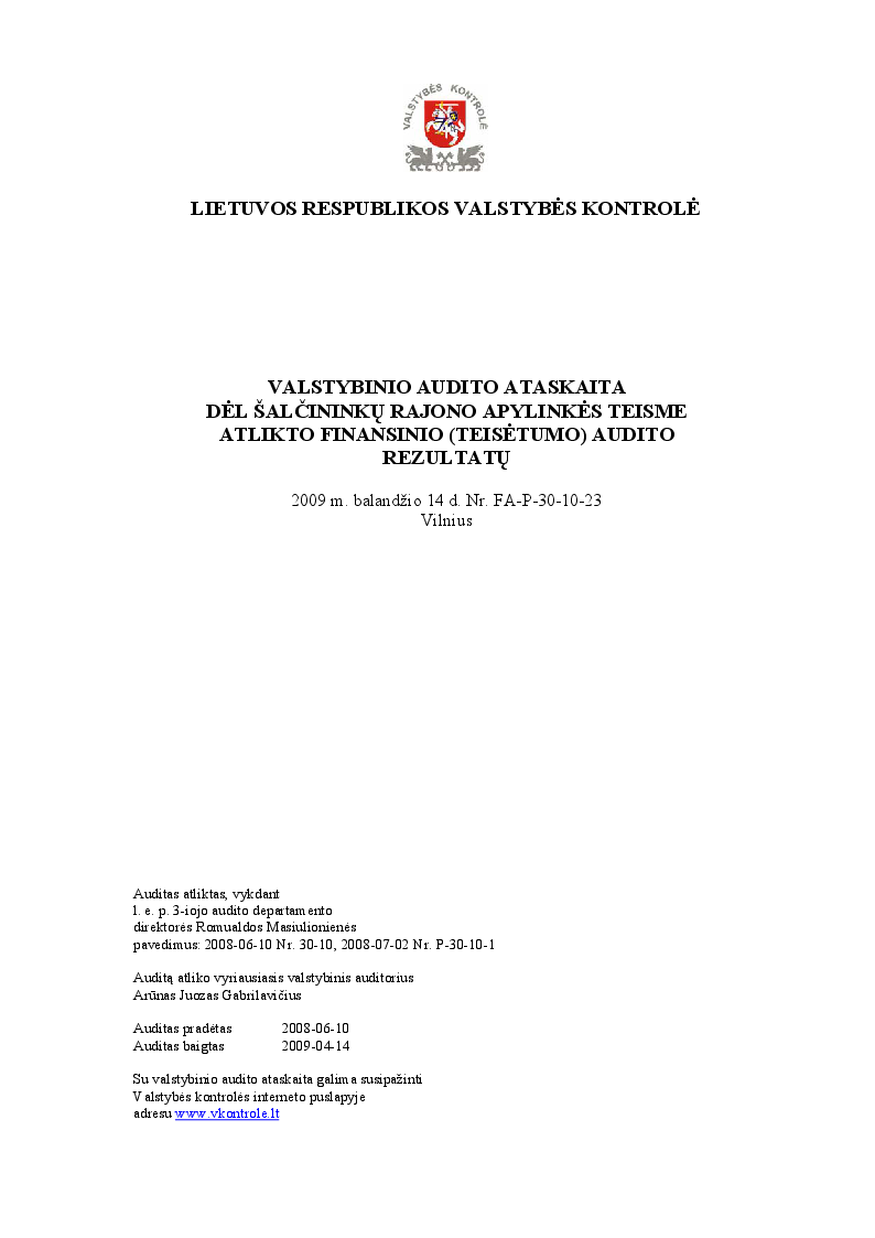 Dėl Šalčininkų rajono apylinkės teisme atlikto finansinio (teisėtumo) audito rezultatų