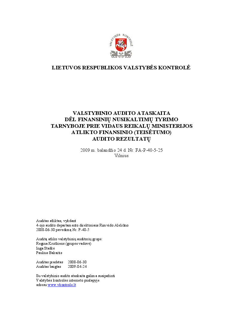 Dėl Finansinių nusikaltimų tyrimo tarnyboje prie Vidaus reikalų ministerijos atlikto finansinio (teisėtumo) audito rezultatų