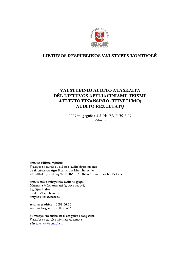 Dėl Lietuvos apeliaciniame teisme atlikto finansinio (teisėtumo) audito rezultatų