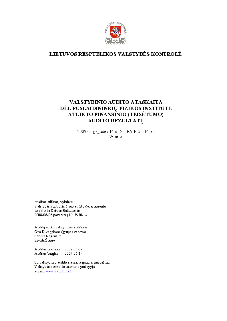 Dėl Puslaidininkių fizikos institute atlikto finansinio (teisėtumo) audito rezultatų