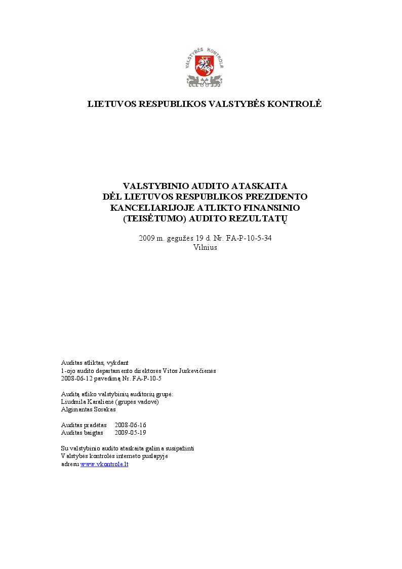 Dėl Lietuvos Respublikos Prezidento kanceliarijoje atlikto finansinio (teisėtumo) audito rezultatų