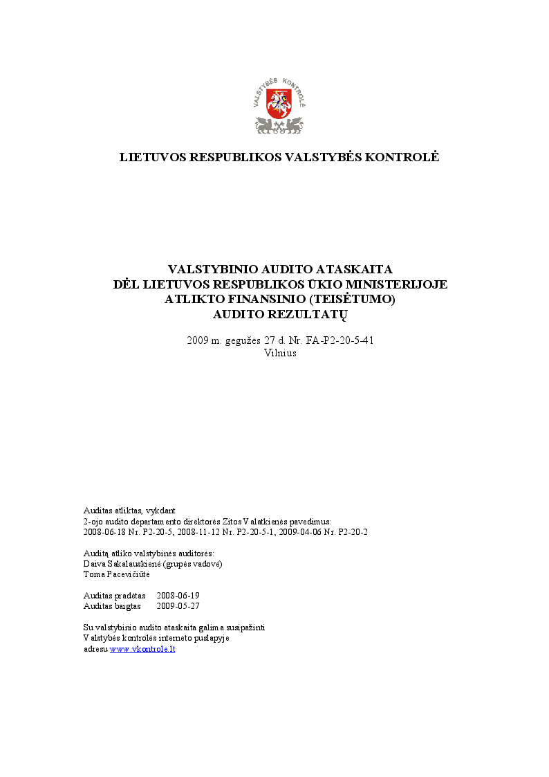 Dėl Lietuvos Respublikos ūkio ministerijoje atlikto finansinio (teisėtumo)audito rezultatų