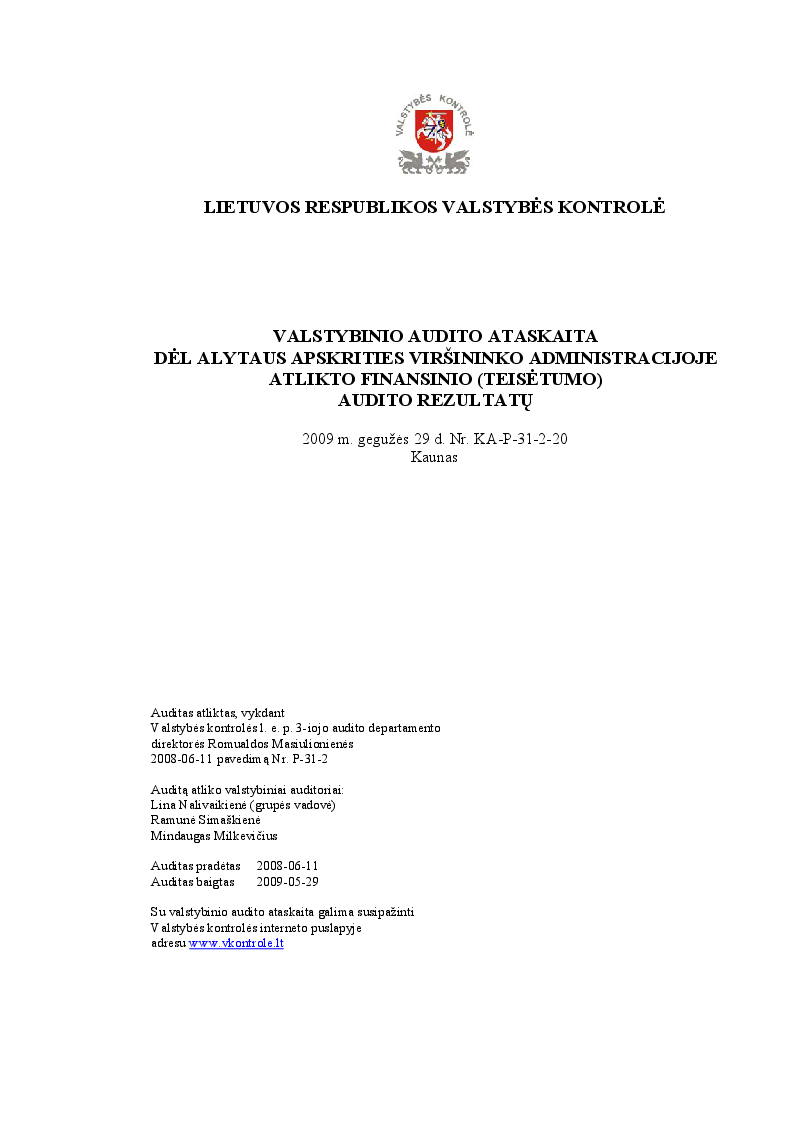 Dėl Alytaus apskrities viršininko administracijoje atlikto finansinio (teisėtumo) audito rezultatų