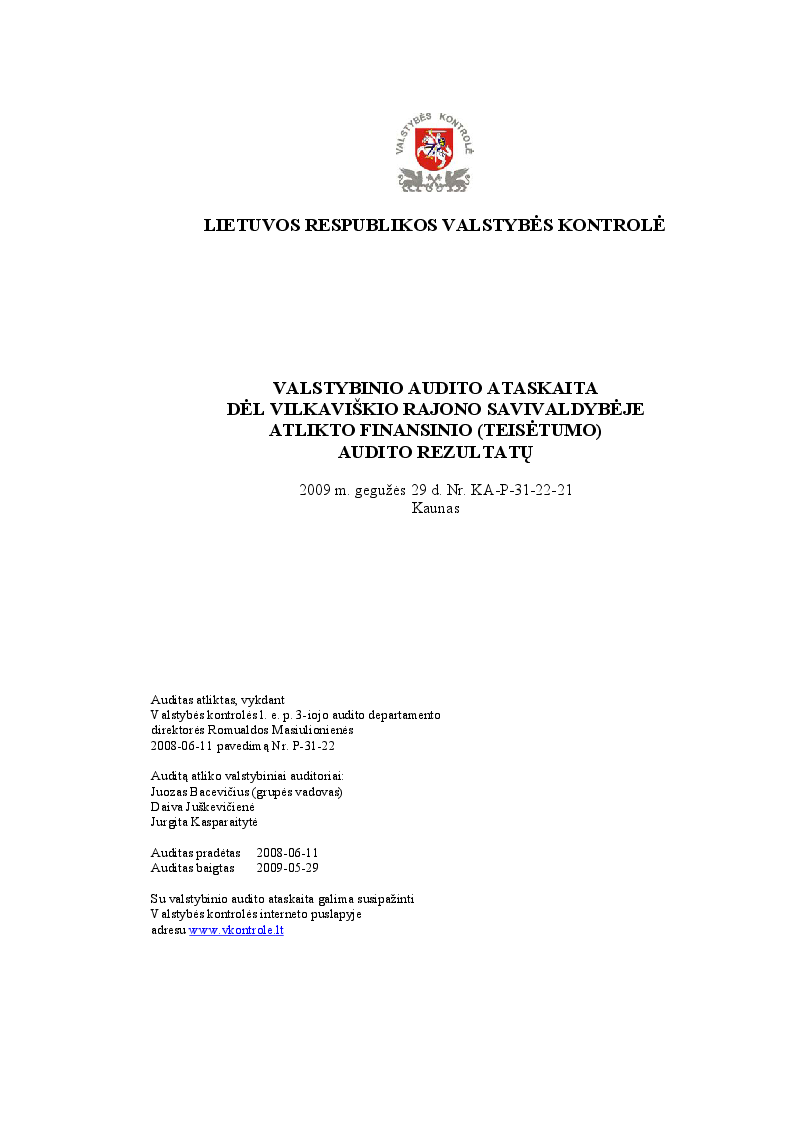 Dėl Vilkaviškio rajono savivaldybėje atlikto finansinio (teisėtumo) audito rezultatų