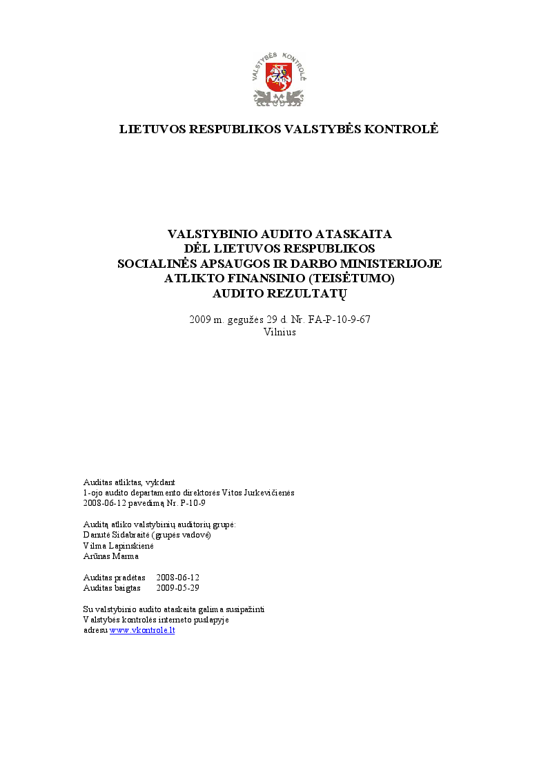 Dėl Lietuvos Respublikos socialinės apsaugos ir darbo ministerijoje atlikto finansinio (teisėtumo) audito rezultatų