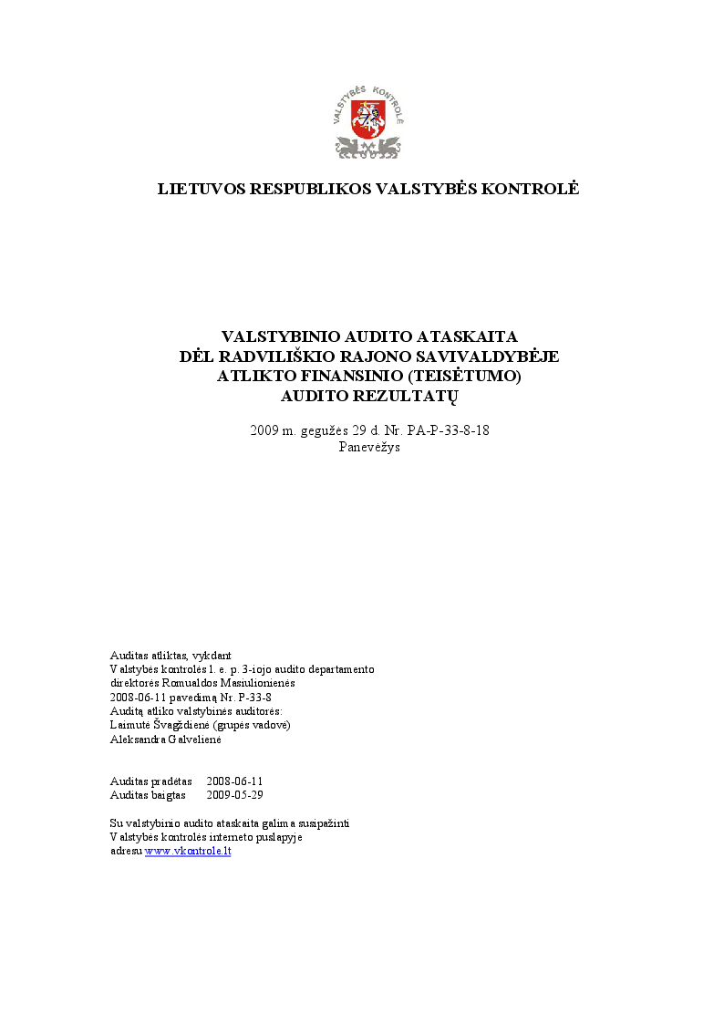 Dėl Radviliškio rajono savivaldybėje atlikto finansinio (teisėtumo) audito rezultatų