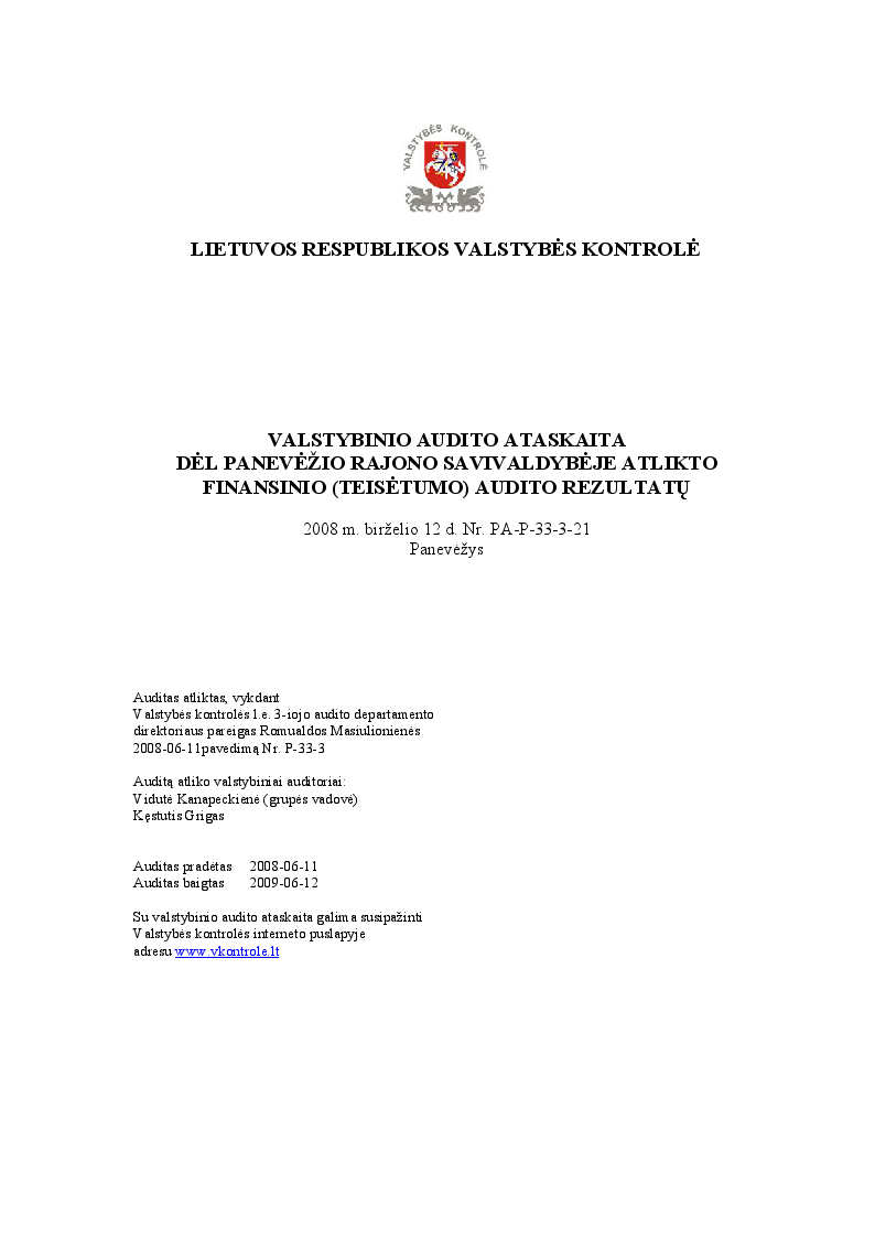 Dėl Panevėžio rajono savivaldybėje atlikto finansinio (teisėtumo) audito rezultatų
