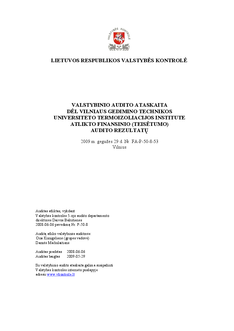 Dėl Vilniaus Gedimino technikos universiteto Termoizoliacijos institute atlikto finansinio (teisėtumo) audito rezultatų