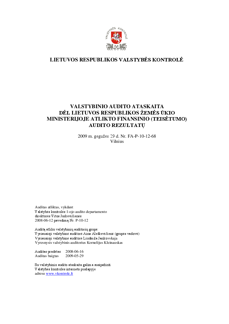 Dėl Lietuvos Respublikos žemės ūkio ministerijoje atlikto finansinio (teisėtumo) audito rezultatų
