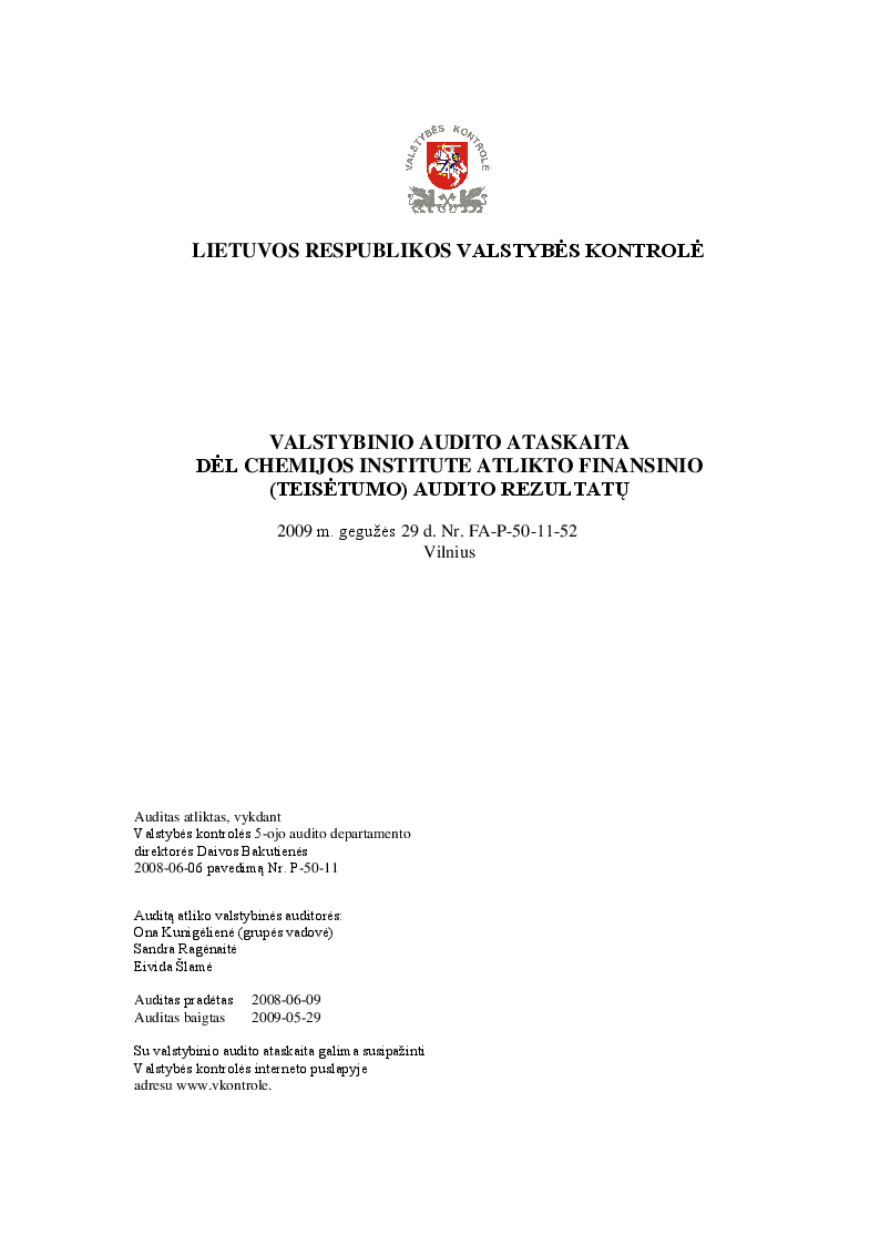 Dėl Chemijos institute atlikto finansinio (teisėtumo) audito rezultatų