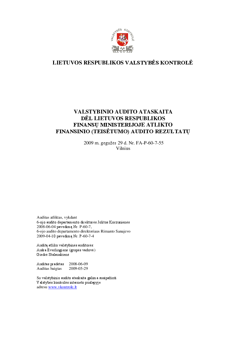 Dėl Lietuvos Respublikos finansų ministerijoje atlikto finansinio (teisėtumo) audito rezultatų