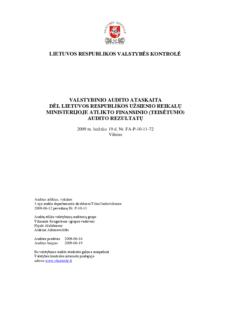 Dėl Lietuvos Respublikos užsieno reikalų ministerijoje atlikto finansinio (teisėtumo) audito rezultatų