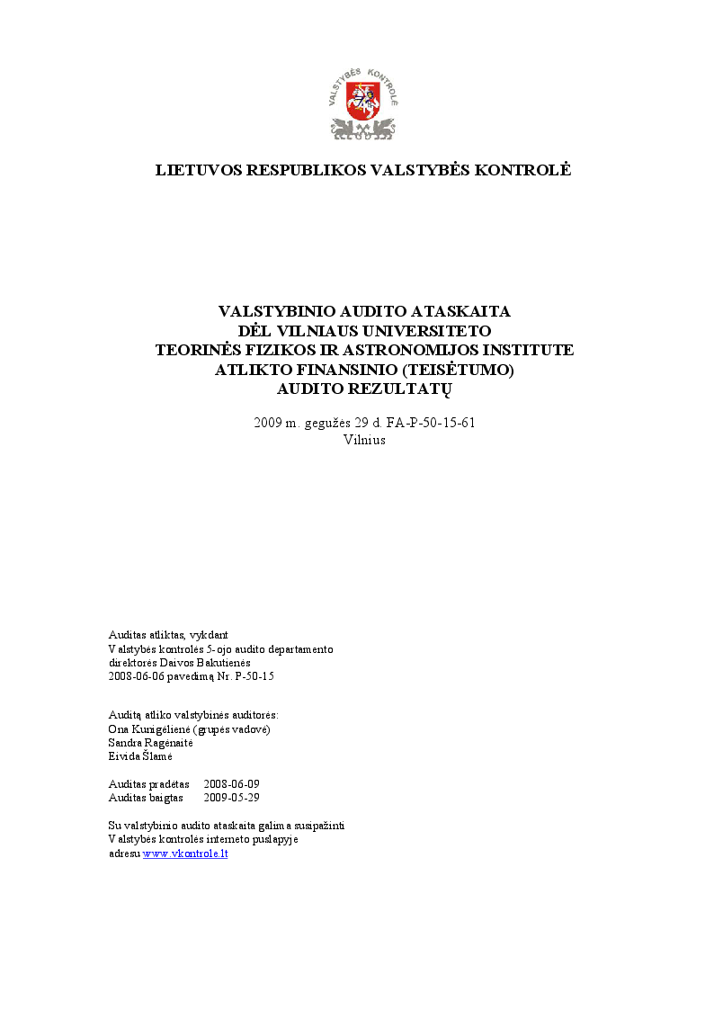 Dėl Vilniaus universiteto Teorinės fizikos ir astronomijos institute atlikto finansinio (teisėtumo) audito rezultatų