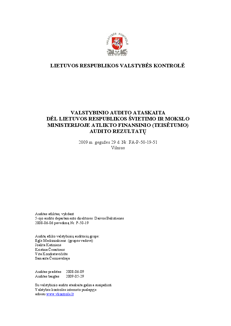 Dėl Lietuvos Respublikos švietimo ir mokslo ministerijoje atlikto finansinio (teisėtumo) audito rezultatų
