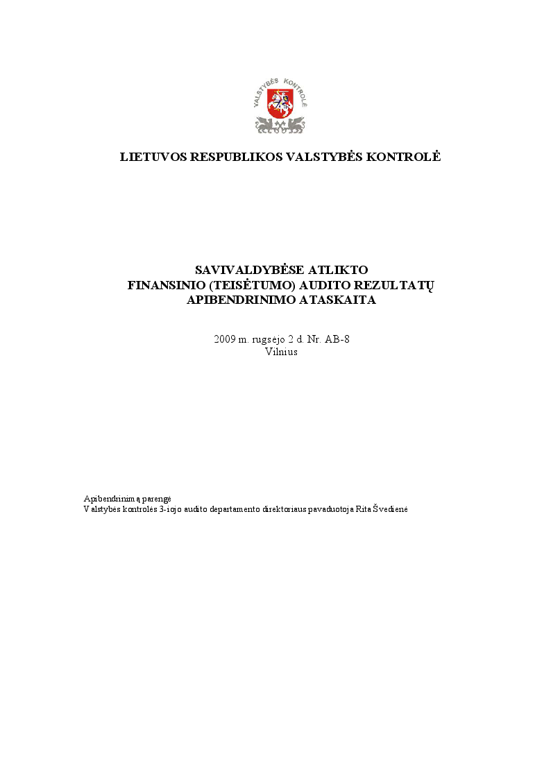 Savivaldybėse atlikto finansinio (teisėtumo) audito rezultatų apibendrinimo ataskaita