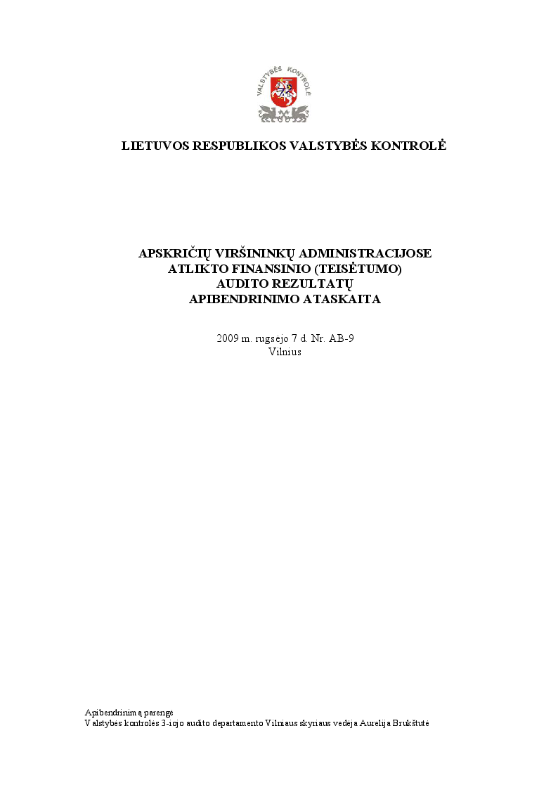 Apskričių viršininkų administracijose atlikto finansinio (teisėtumo) audito rezultatų apibendrinimo ataskaita