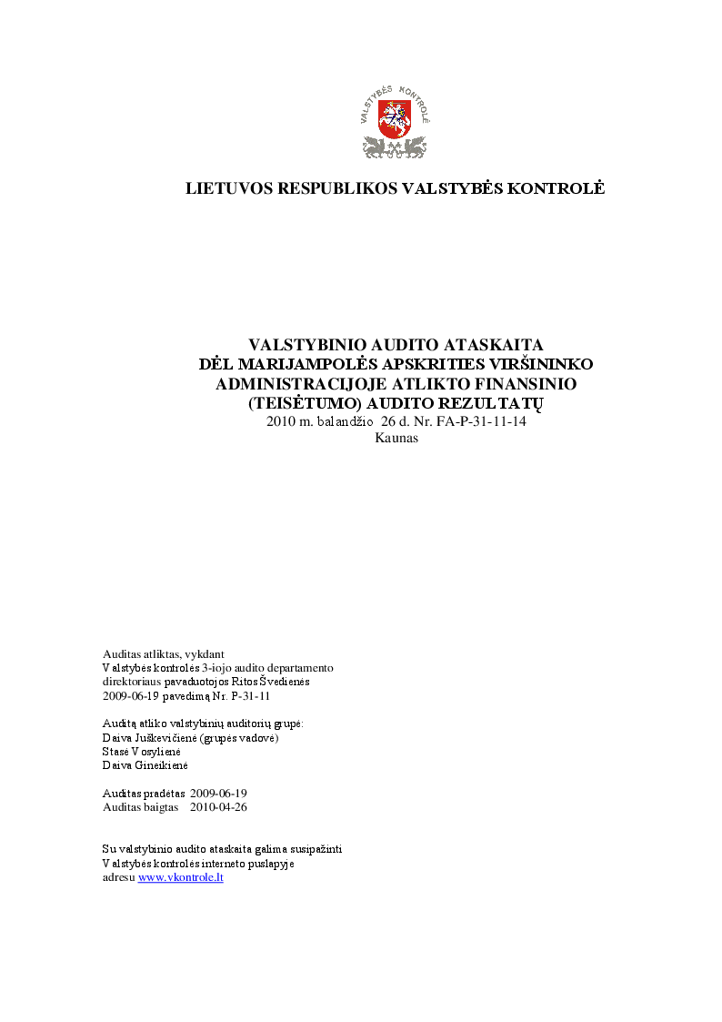 Dėl Marijampolės apskrities viršininko administracijoje atlikto finansinio (teisėtumo) audito rezultatų