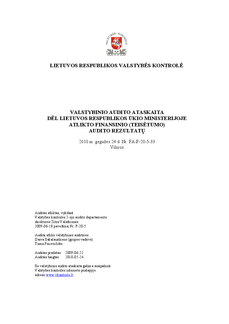 Dėl Lietuvos Respublikos ūkio ministerijoje atlikto finansinio (teisėtumo) audito rezultatų