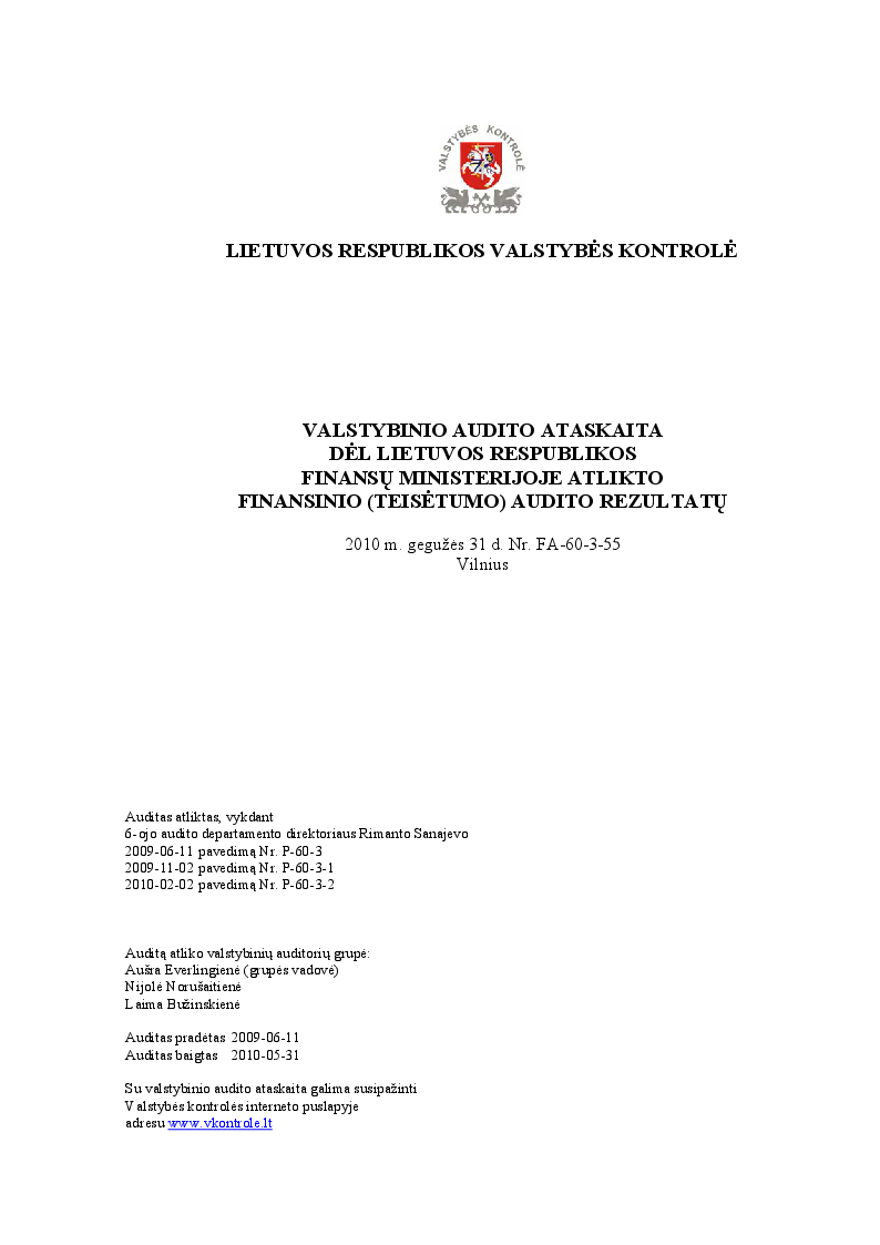 Dėl Lietuvos Respublikos finansų ministerijoje atlikto finansinio (teisėtumo) audito rezultatų