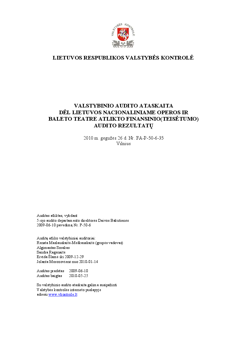 Dėl Lietuvos nacionaliniame operos ir baleto teatre atlikto finansinio(teisėtumo) audito rezultatų