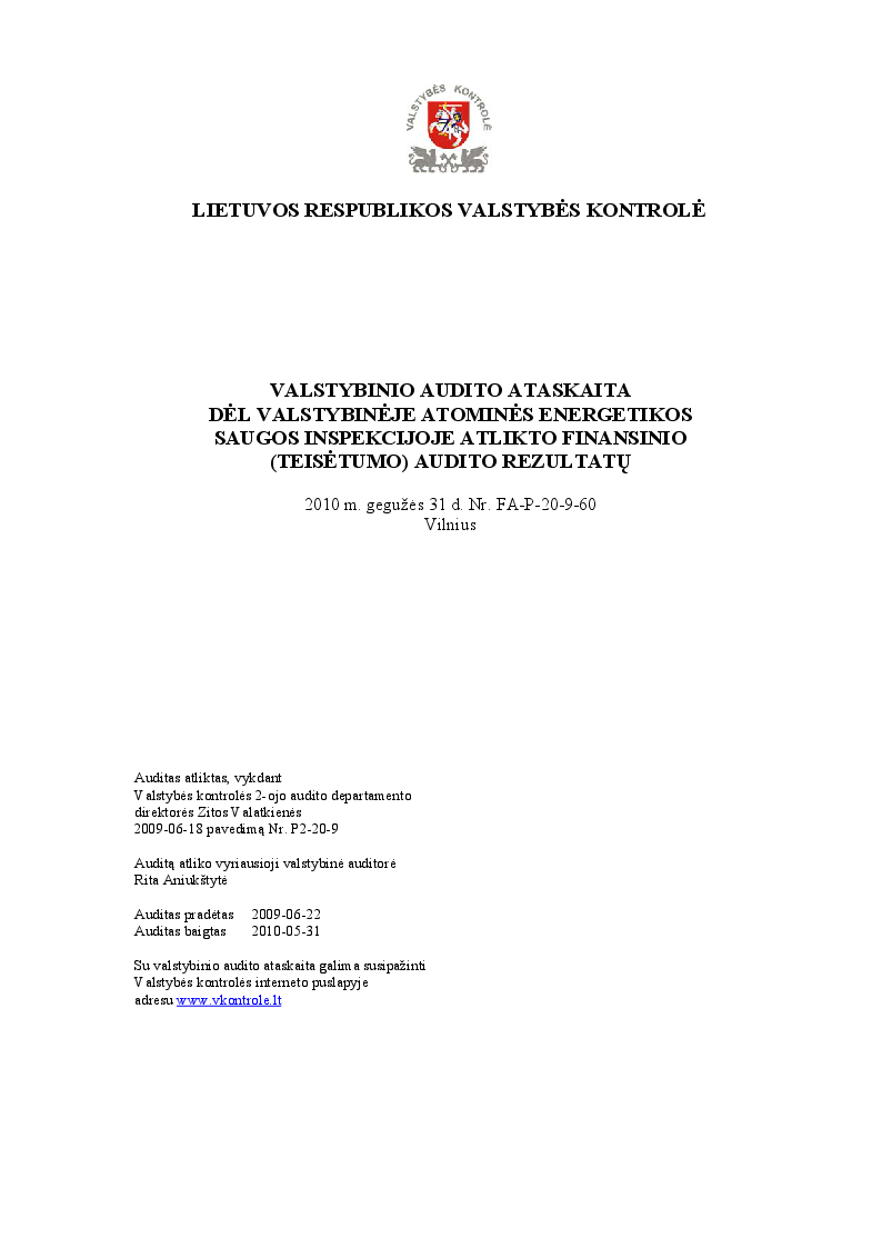 Dėl Valstybinėje atominės energetikos saugos inspekcijoje atlikto finansinio (teisėtumo) audito rezultatų